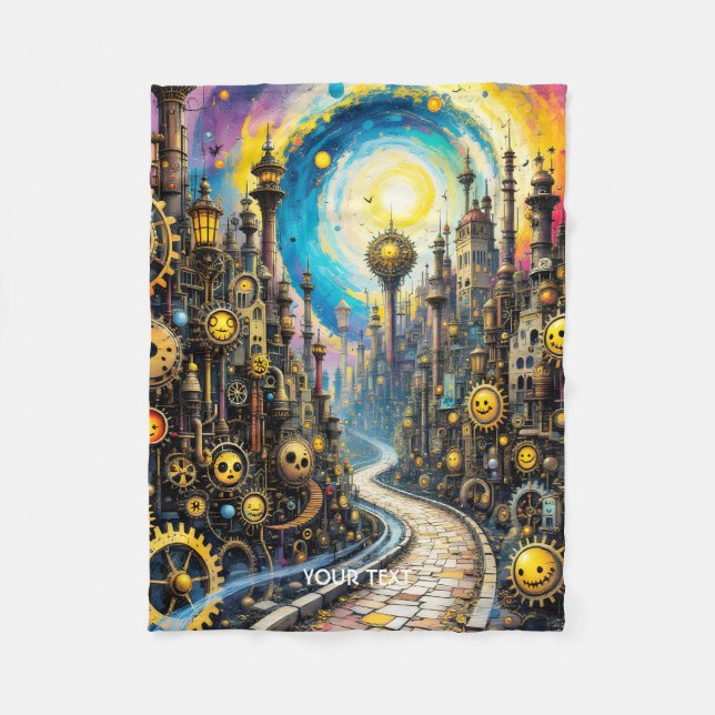 Fantasy Cute Abstrakt Steampunk City Fleecefilt (Framsidan)