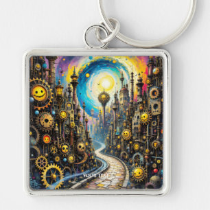 Fantasy Cute Abstrakt Steampunk City Fyrkantig Silverfärgad Nyckelring