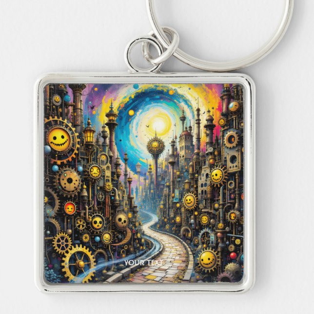 Fantasy Cute Abstrakt Steampunk City Fyrkantig Silverfärgad Nyckelring (Framsidan)