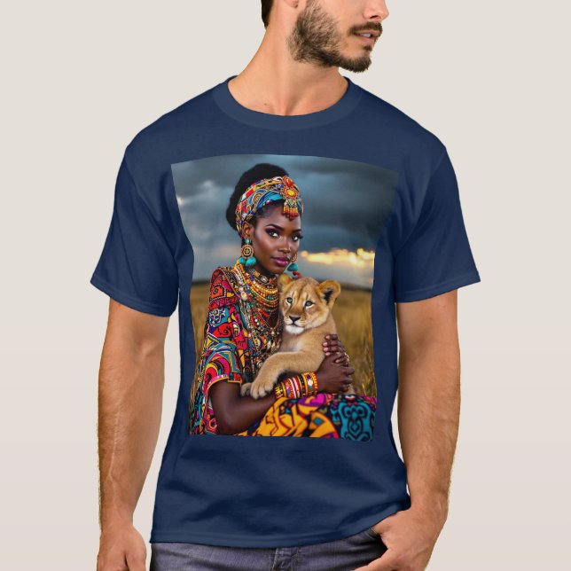 Fantasy Cute African Woman Lejon T Shirt (Framsida)