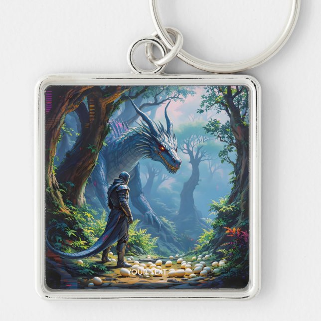 Fantasy Cute Ägg Drakriddare Fyrkantig Silverfärgad Nyckelring (Framsidan)