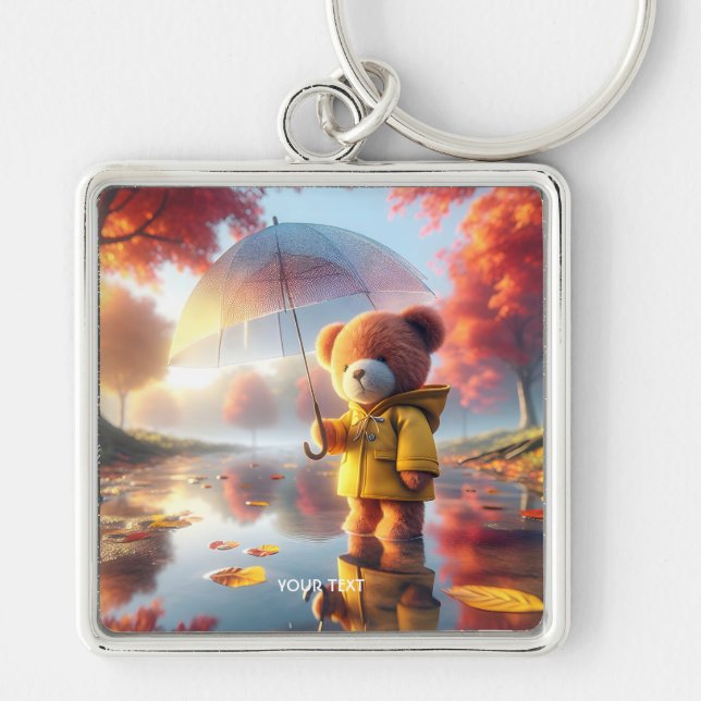 Fantasy Cute Baby Bear Umbrella Fyrkantig Silverfärgad Nyckelring (Framsidan)