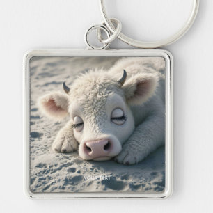 Fantasy Cute Baby Cow Sleeping Fyrkantig Silverfärgad Nyckelring