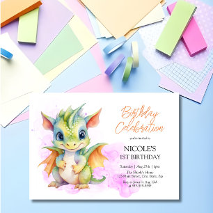 Fantasy Cute Baby Dragon Fairytale 1:a födelsedage Inbjudningar