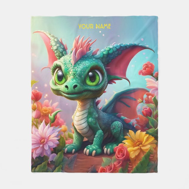 Fantasy Cute Baby Dragon Flowers Fleecefilt (Framsidan)