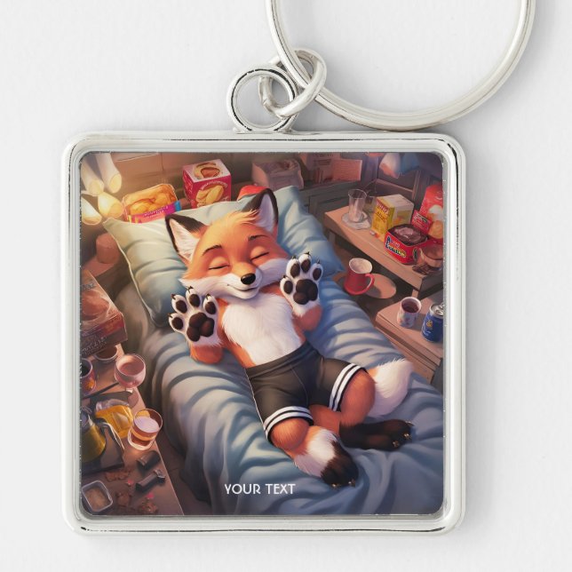 Fantasy Cute Baby Fox Sleeping Fyrkantig Silverfärgad Nyckelring (Framsidan)