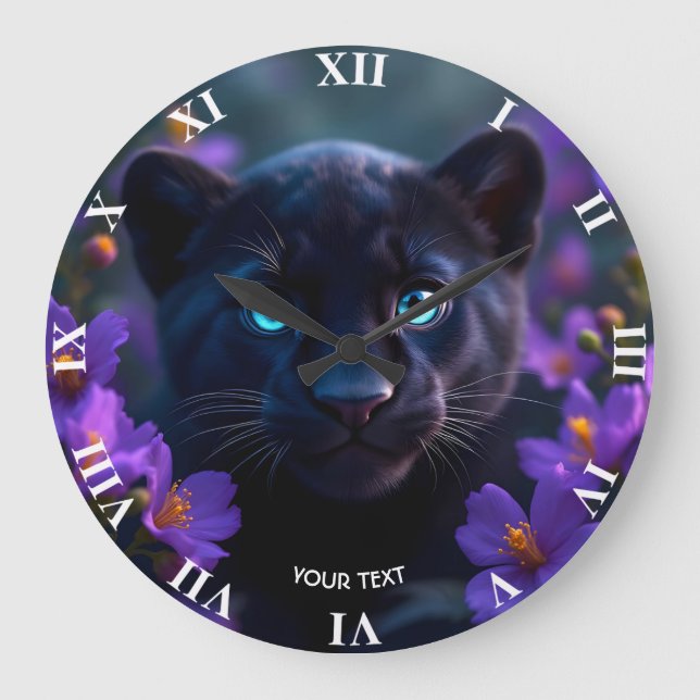 Fantasy Cute Baby Panther Flowers Stor Klocka (Framsida)
