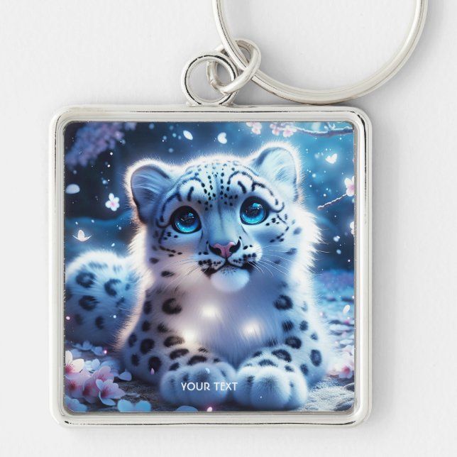 Fantasy Cute Baby Snö Leopard Fyrkantig Silverfärgad Nyckelring (Framsidan)