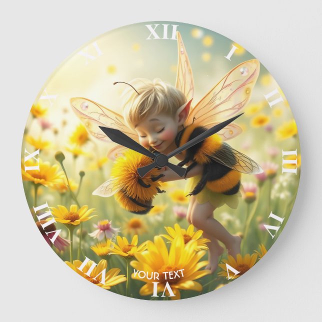Fantasy Cute Bee Flowers Kiss Stor Klocka (Framsida)