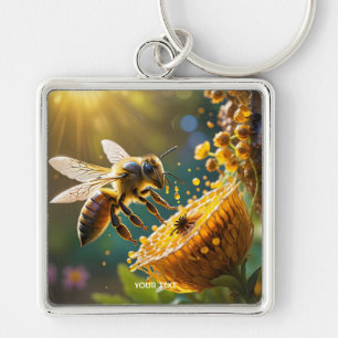 Fantasy Cute Bee Flowers Sol Fyrkantig Silverfärgad Nyckelring