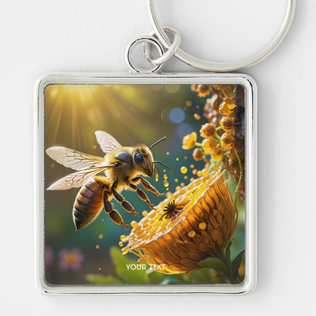 Fantasy Cute Bee Flowers Sol Fyrkantig Silverfärgad Nyckelring (Framsidan)