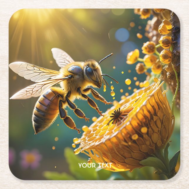 Fantasy Cute Bee Flowers Sol Underlägg Papper Kvadrat (Framsidan)