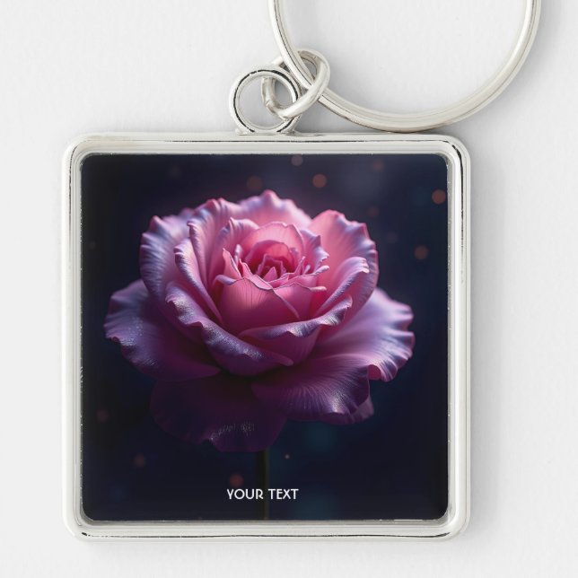 Fantasy Cute Bevackra Rosa ros Fyrkantig Silverfärgad Nyckelring (Framsidan)