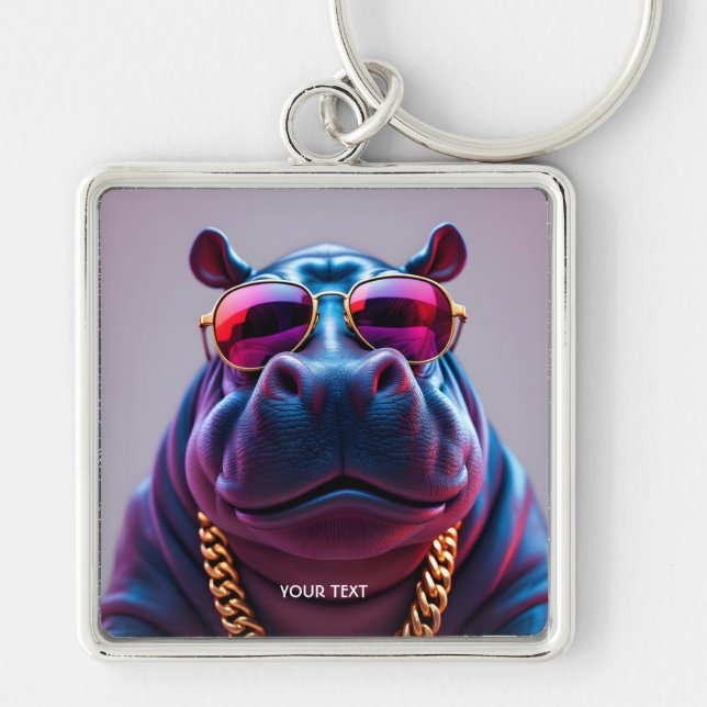 Fantasy Cute Big Hyppo Glass Fyrkantig Silverfärgad Nyckelring (Framsidan)