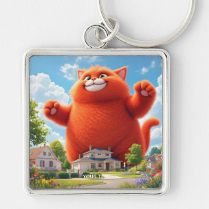 Fantasy Cute Big Orange Cat Fyrkantig Silverfärgad Nyckelring