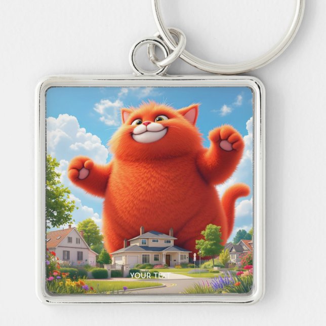 Fantasy Cute Big Orange Cat Fyrkantig Silverfärgad Nyckelring (Framsidan)