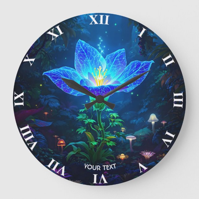 Fantasy Cute Bioluminescent Blue Flower Stor Klocka (Framsida)