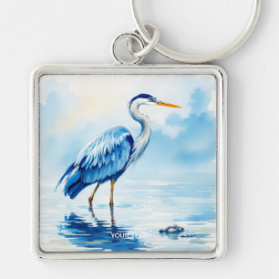 Fantasy Cute Bird Blue Watercolor Fyrkantig Silverfärgad Nyckelring