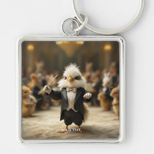 Fantasy Cute Bird Conducts Orchestra Fyrkantig Silverfärgad Nyckelring