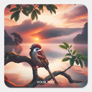 Fantasy Cute Bird Gren Sjö Fyrkantigt Klistermärke