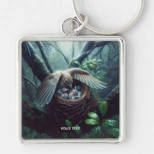 Fantasy Cute Bird Nest Rain Fyrkantig Silverfärgad Nyckelring