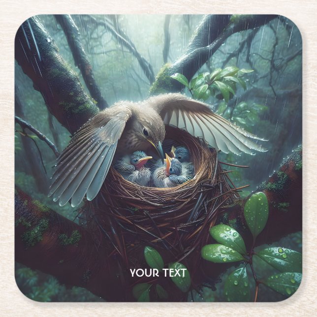 Fantasy Cute Bird Nest Rain Underlägg Papper Kvadrat (Framsidan)