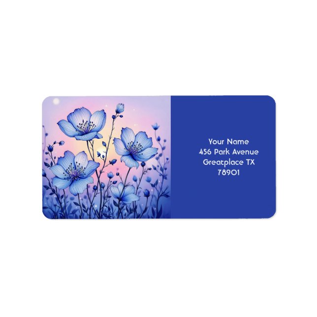 Fantasy Cute Blåa blommor Fält Adressetikett (Framsidan)