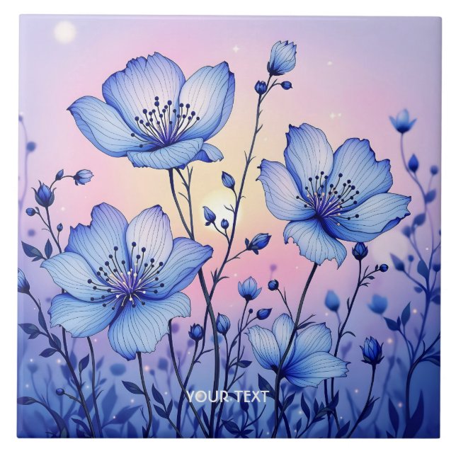 Fantasy Cute Blåa blommor Fält Kakelplatta (Framsidan)