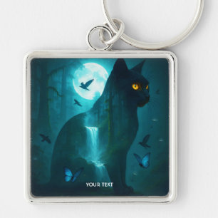 Fantasy Cute Black Surreal Cat Fyrkantig Silverfärgad Nyckelring