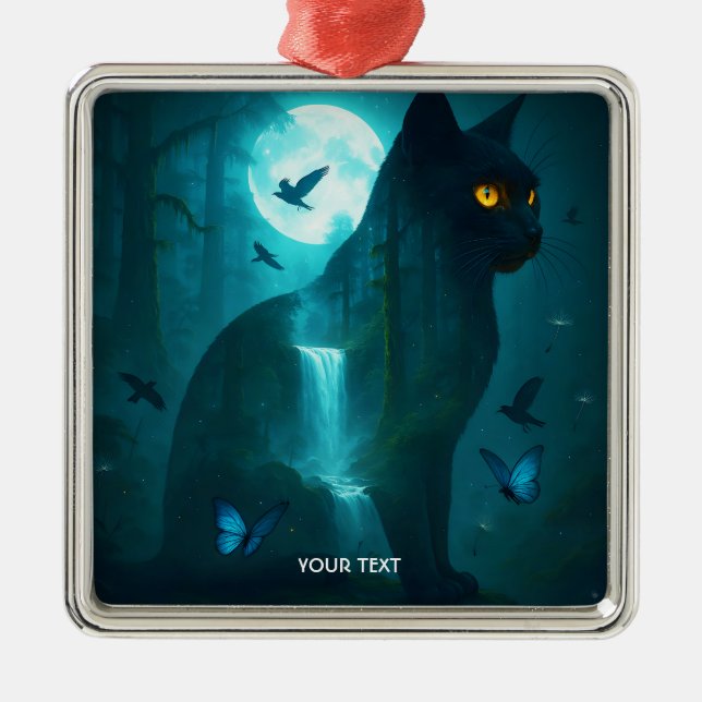 Fantasy Cute Black Surreal Cat Julgransprydnad Metall (Framsidan)