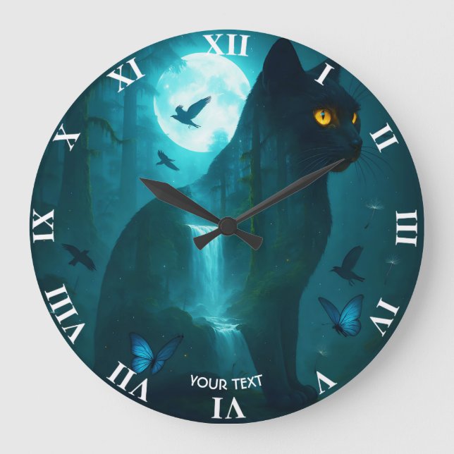 Fantasy Cute Black Surreal Cat Stor Klocka (Framsida)