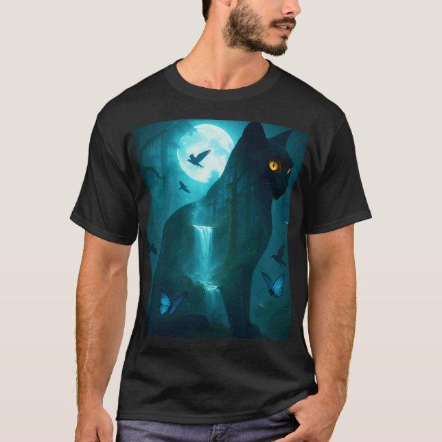 Fantasy Cute Black Surreal Cat T Shirt (Framsida)