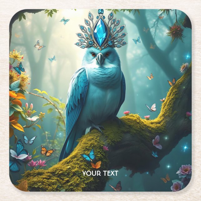 Fantasy Cute Blue Bird Forest Underlägg Papper Kvadrat (Framsidan)