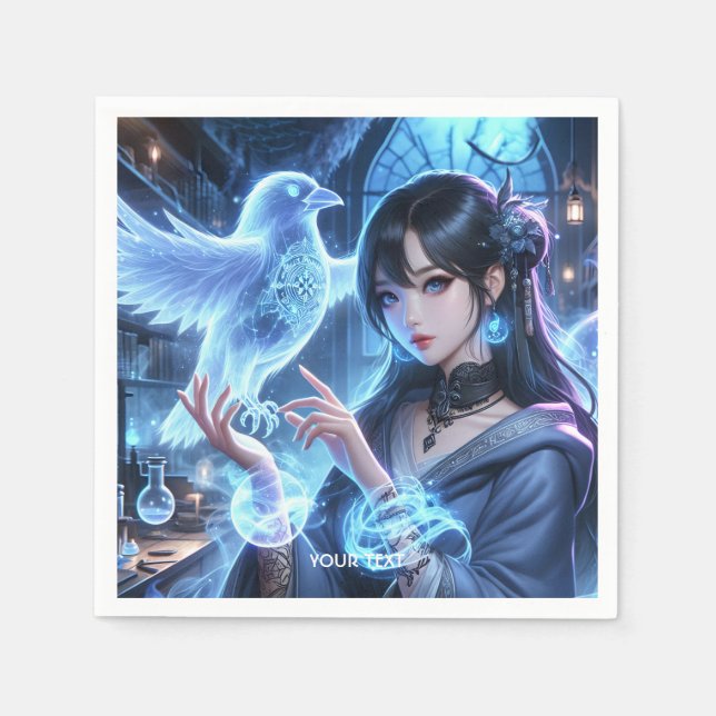 Fantasy Cute Blue Girl Raven Pappersservett (Framsidan)