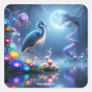 Fantasy Cute Blue Heron Sjö Fyrkantigt Klistermärke