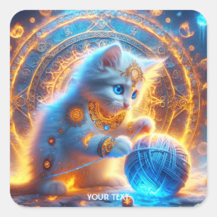 Fantasy Cute Blue Kitten Firefleakes Fyrkantigt Klistermärke