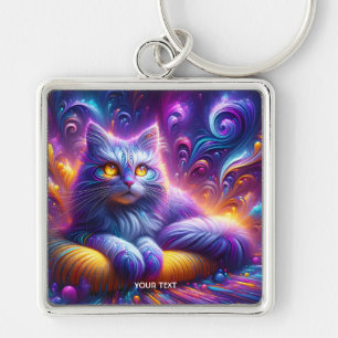 Fantasy Cute Blue Lila Cat Fyrkantig Silverfärgad Nyckelring