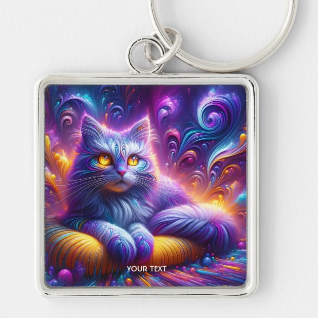 Fantasy Cute Blue Lila Cat Fyrkantig Silverfärgad Nyckelring (Framsidan)