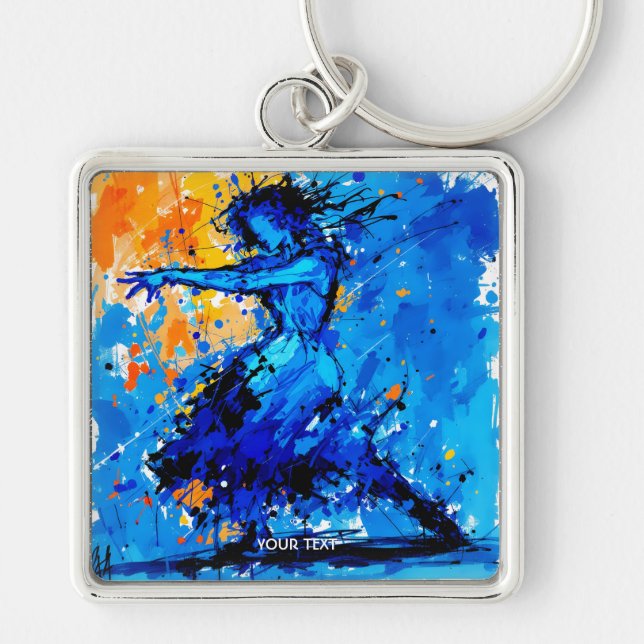 Fantasy Cute Blue Orange Dancer Fyrkantig Silverfärgad Nyckelring (Framsidan)