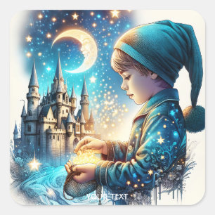 Fantasy Cute Blue Pajamas Child Fyrkantigt Klistermärke