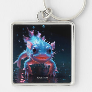 Fantasy Cute Blue Smiling Axolotl Fyrkantig Silverfärgad Nyckelring