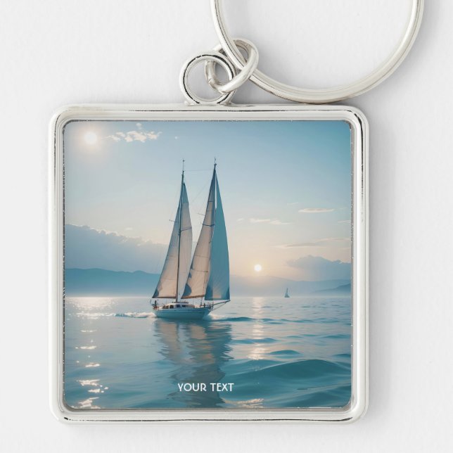Fantasy Cute Boat Sea Sol Fyrkantig Silverfärgad Nyckelring (Framsidan)