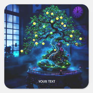 Fantasy Cute Bonsai Träd Ljus Fyrkantigt Klistermärke