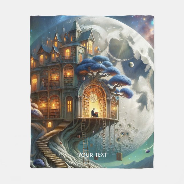 Fantasy Cute Boy Måne Bibliotek Fleecefilt (Framsidan)