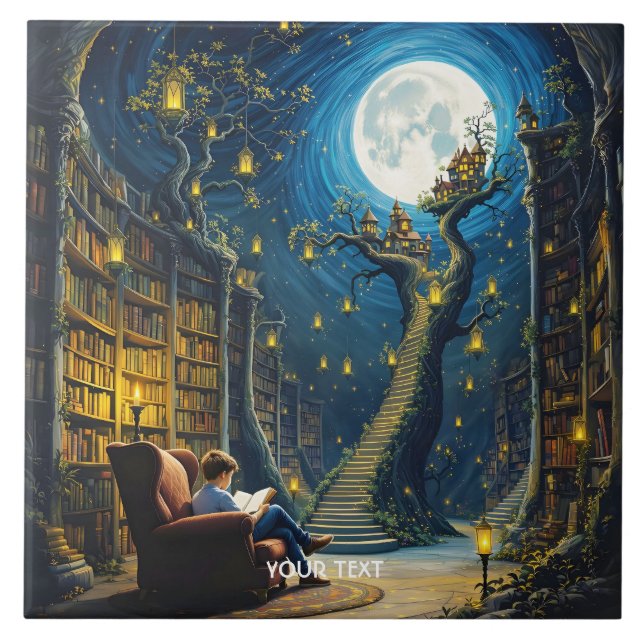 Fantasy Cute Boy Träd Bibliotek Kakelplatta (Framsidan)