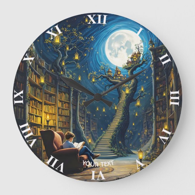 Fantasy Cute Boy Träd Bibliotek Stor Klocka (Framsida)