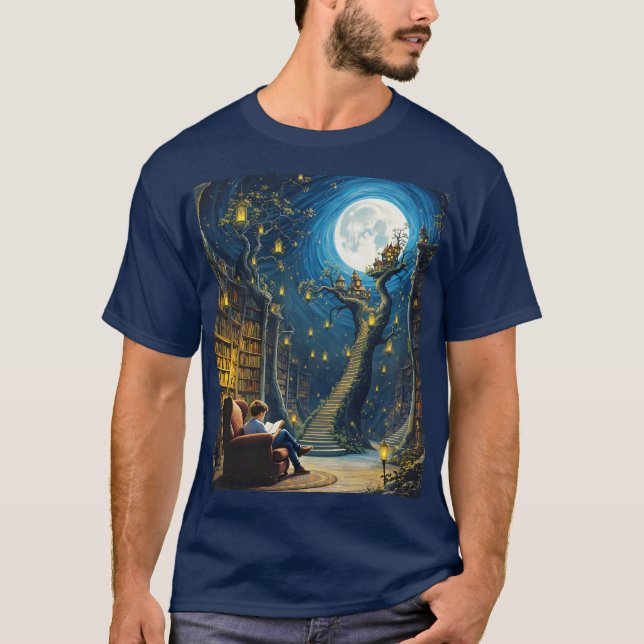 Fantasy Cute Boy Träd Bibliotek T Shirt (Framsida)