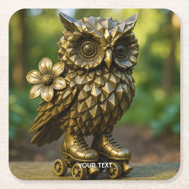 Fantasy Cute Brass Owl Skates Underlägg Papper Kvadrat (Framsidan)