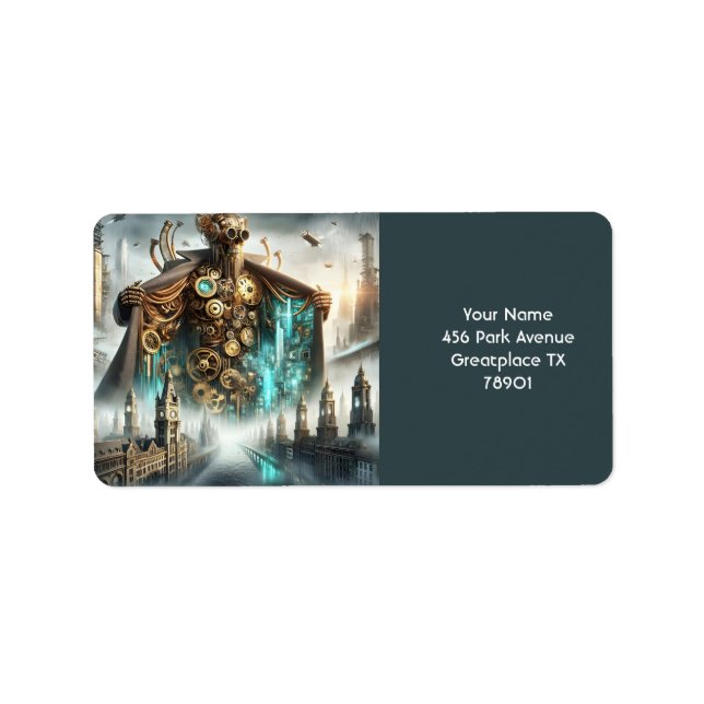 Fantasy Cute Bridge Steampunk Robot Adressetikett (Framsidan)