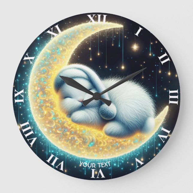 Fantasy Cute Bunny Crescent Måne Stor Klocka (Framsida)